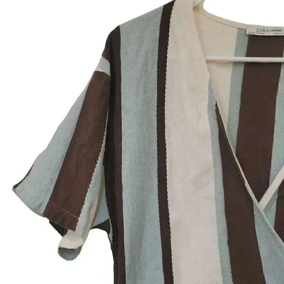Zara Women's Blue/Cream/Brown Striped Cotton Poly Wrap Shirt - Picture 9 of 12